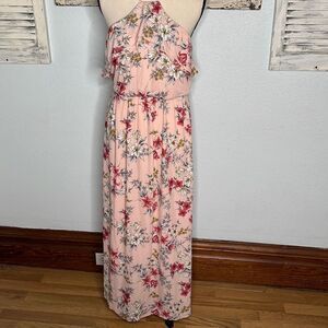 Lush Floral Maxi Sleeveless Halter Keyhole Back Pink Women's Dress Size Medium
